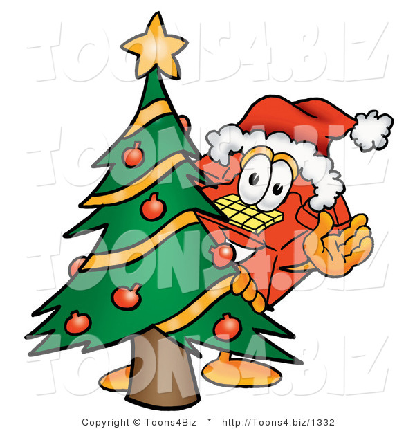 Illustration of a Red Cartoon Telephone Mascot Waving and Standing by a Decorated Christmas Tree