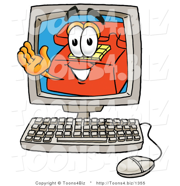 Illustration of a Red Cartoon Telephone Mascot Waving from Inside a Computer Screen