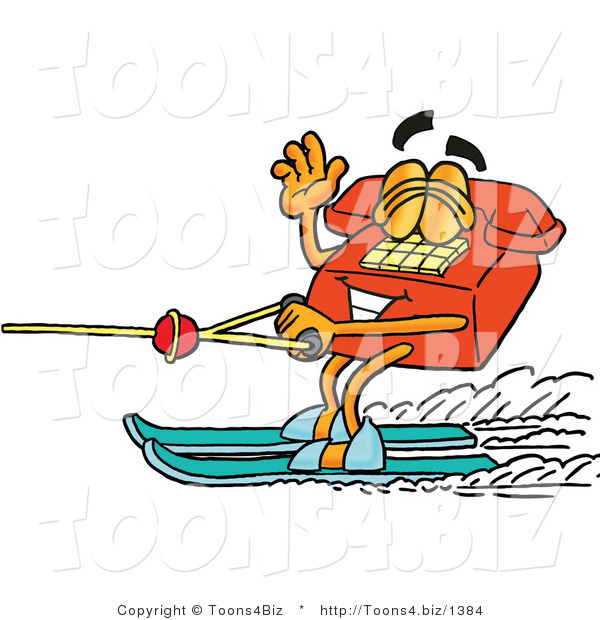 Illustration of a Red Cartoon Telephone Mascot Waving While Water Skiing