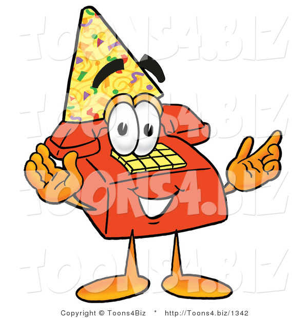 Illustration of a Red Cartoon Telephone Mascot Wearing a Birthday Party Hat