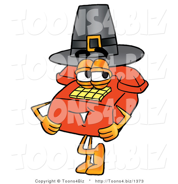 Illustration of a Red Cartoon Telephone Mascot Wearing a Pilgrim Hat on Thanksgiving