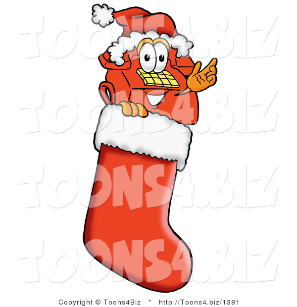 Illustration of a Red Cartoon Telephone Mascot Wearing a Santa Hat Inside a Red Christmas Stocking