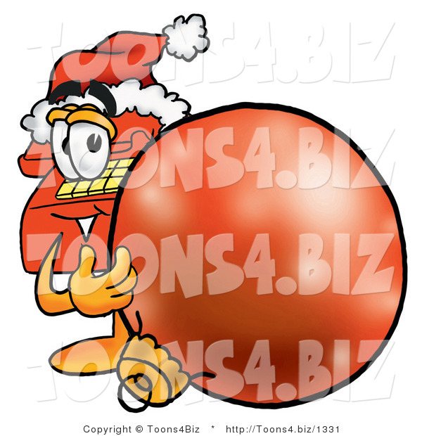 Illustration of a Red Cartoon Telephone Mascot Wearing a Santa Hat, Standing with a Christmas Bauble