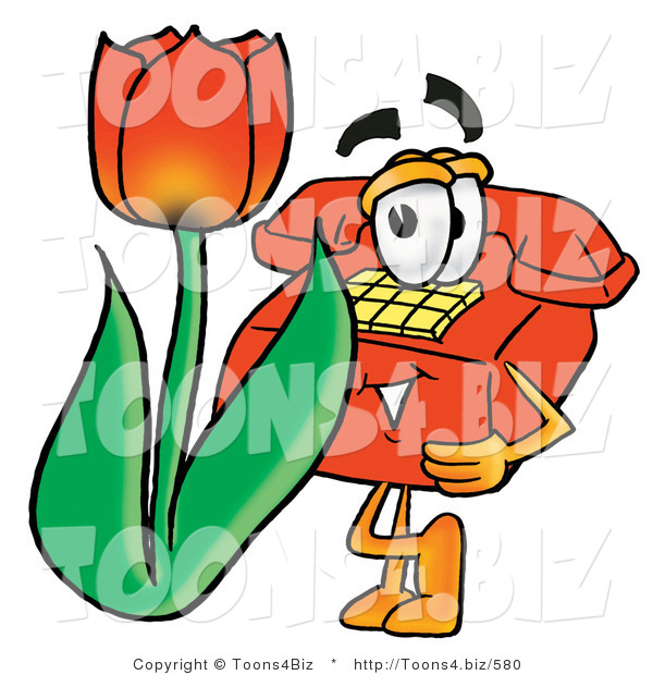 Illustration of a Red Cartoon Telephone Mascot with a Red Tulip Flower in the Spring