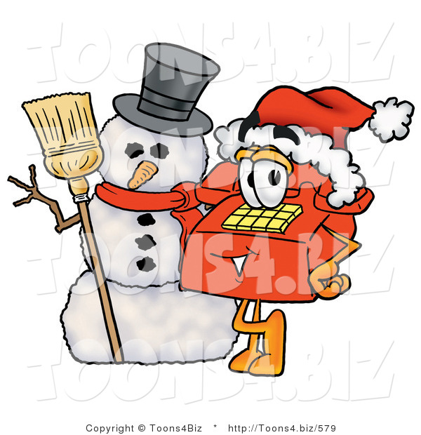 Illustration of a Red Cartoon Telephone Mascot with a Snowman on Christmas
