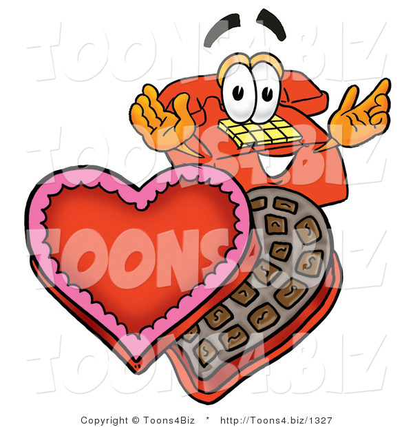 Illustration of a Red Cartoon Telephone Mascot with an Open Box of Valentines Day Chocolate Candies