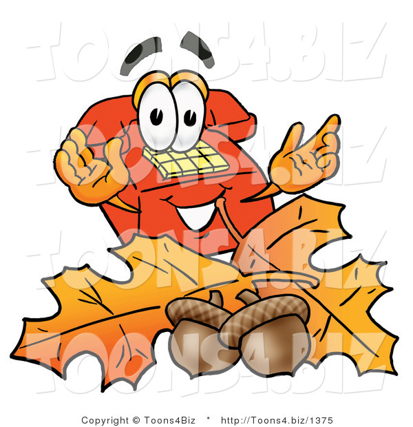 Illustration of a Red Cartoon Telephone Mascot with Autumn Leaves and Acorns in the Fall