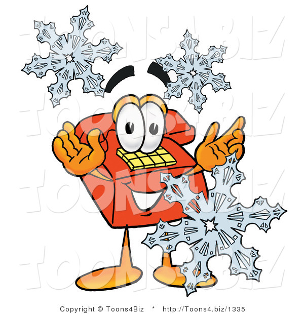 Illustration of a Red Cartoon Telephone Mascot with Three Snowflakes in Winter