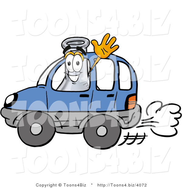 Illustration of a Science Beaker Mascot Driving a Blue Car and Waving