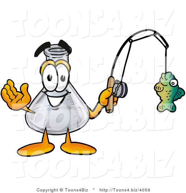 Illustration of a Science Beaker Mascot Holding a Fish on a Fishing Pole