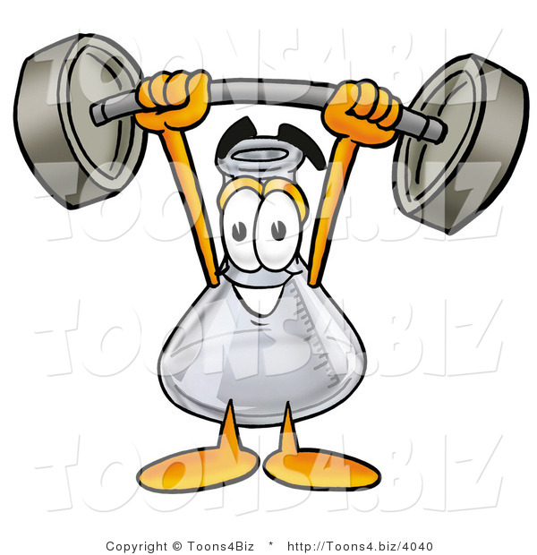 Illustration of a Science Beaker Mascot Holding a Heavy Barbell Above His Head