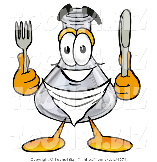 Illustration of a Science Beaker Mascot Holding a Knife and Fork