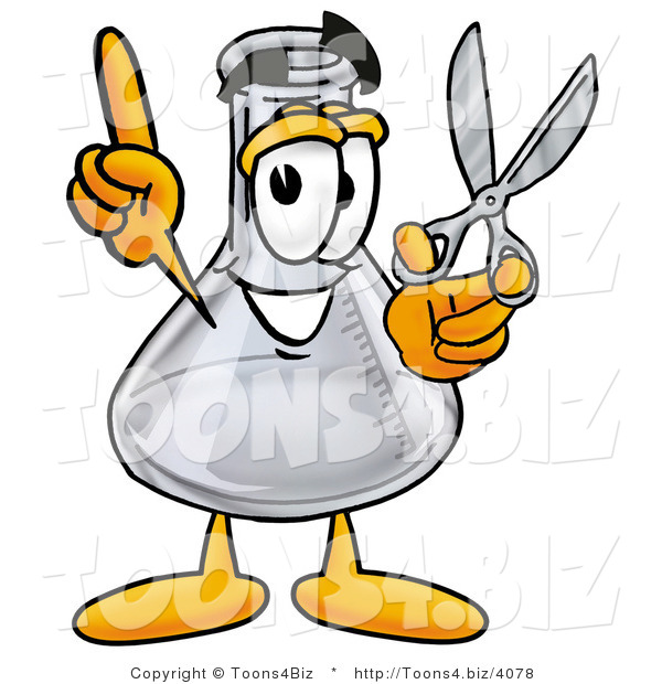 Illustration of a Science Beaker Mascot Holding a Pair of Scissors