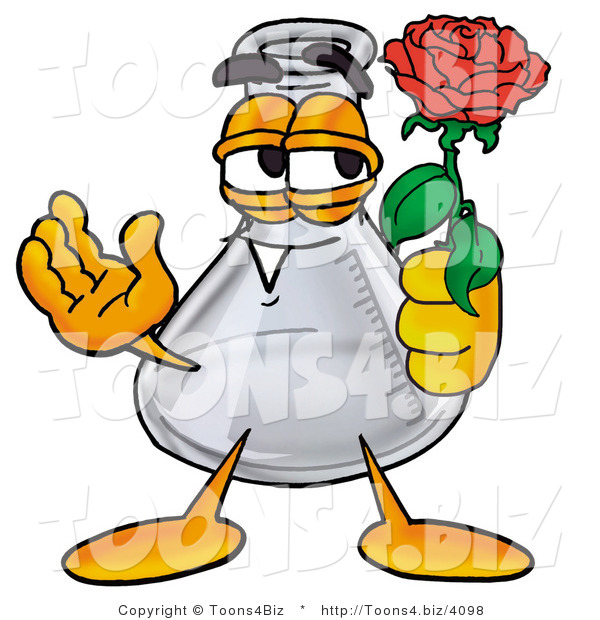 Illustration of a Science Beaker Mascot Holding a Red Rose on Valentines Day