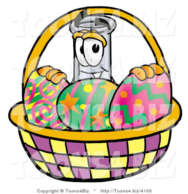 Illustration of a Science Beaker Mascot in an Easter Basket Full of Decorated Easter Eggs