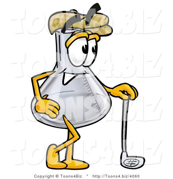Illustration of a Science Beaker Mascot Leaning on a Golf Club While Golfing