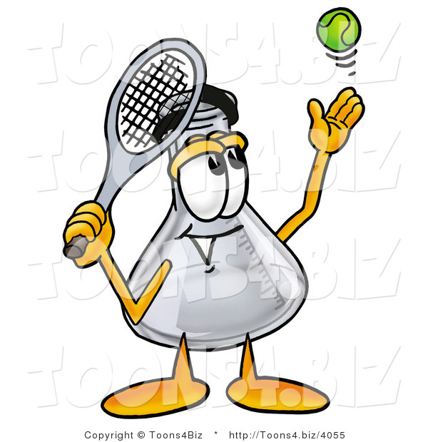 Illustration of a Science Beaker Mascot Preparing to Hit a Tennis Ball