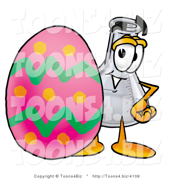 Illustration of a Science Beaker Mascot Standing Beside an Easter Egg