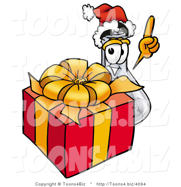 Illustration of a Science Beaker Mascot Standing by a Christmas Present