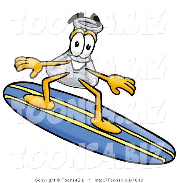 Illustration of a Science Beaker Mascot Surfing on a Blue and Yellow Surfboard