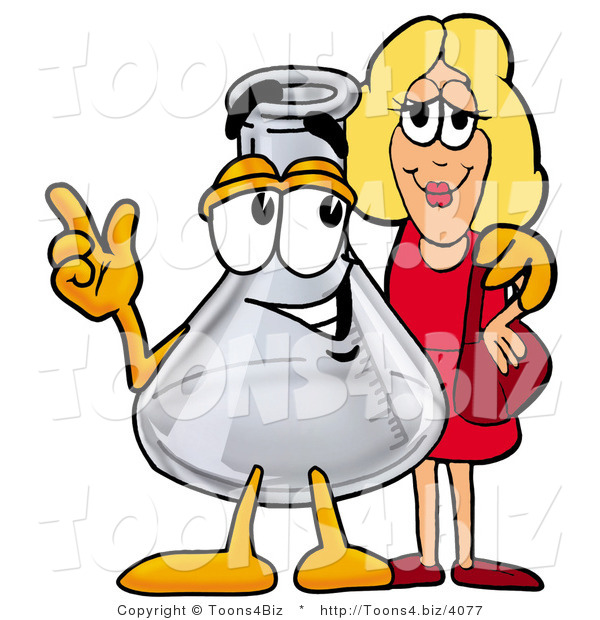 Illustration of a Science Beaker Mascot Talking to a Pretty Blond Woman