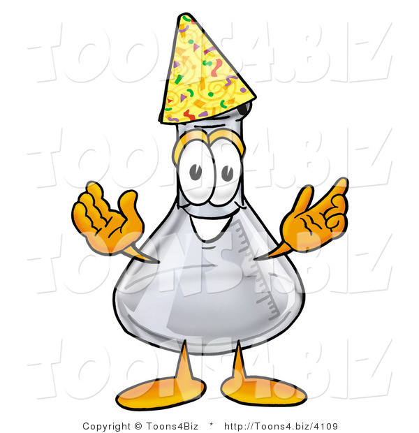 Illustration of a Science Beaker Mascot Wearing a Birthday Party Hat