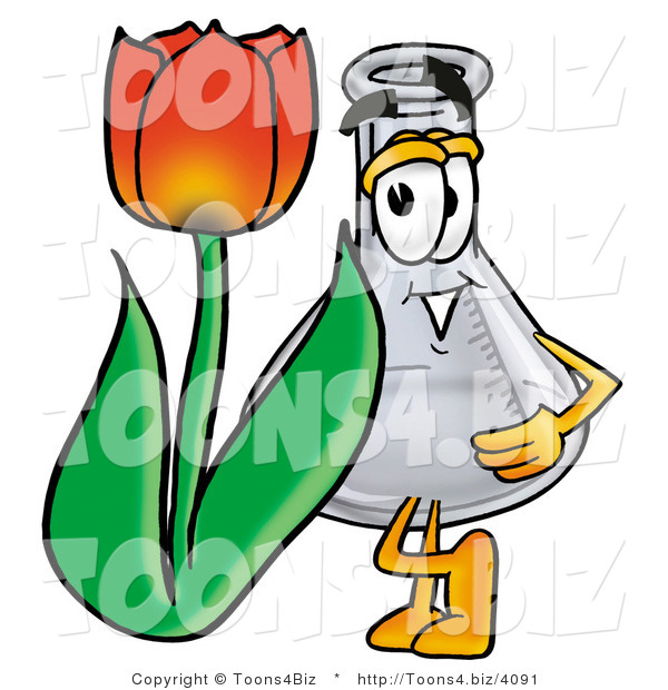Illustration of a Science Beaker Mascot with a Red Tulip Flower in the Spring