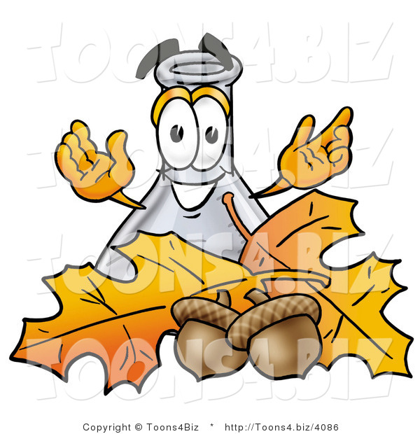 Illustration of a Science Beaker Mascot with Autumn Leaves and Acorns in the Fall