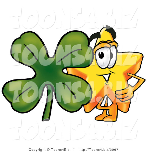 Illustration of a Star Mascot Beside Green Clover on St Patrick's Day