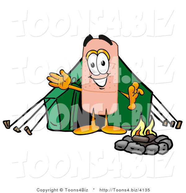 Illustration of an Adhesive Bandage Mascot Camping with a Tent and Fire