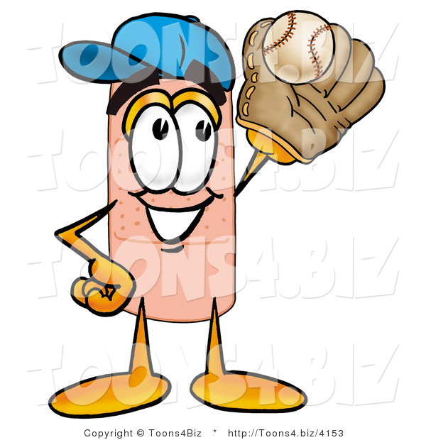 Illustration of an Adhesive Bandage Mascot Catching a Baseball with a Glove