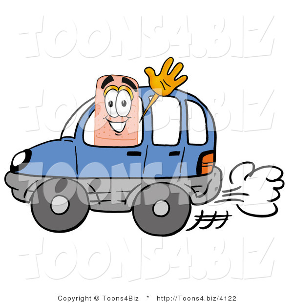 Illustration of an Adhesive Bandage Mascot Driving a Blue Car and Waving