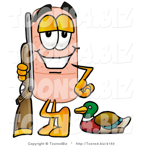 Illustration of an Adhesive Bandage Mascot Duck Hunting, Standing with a Rifle and Duck