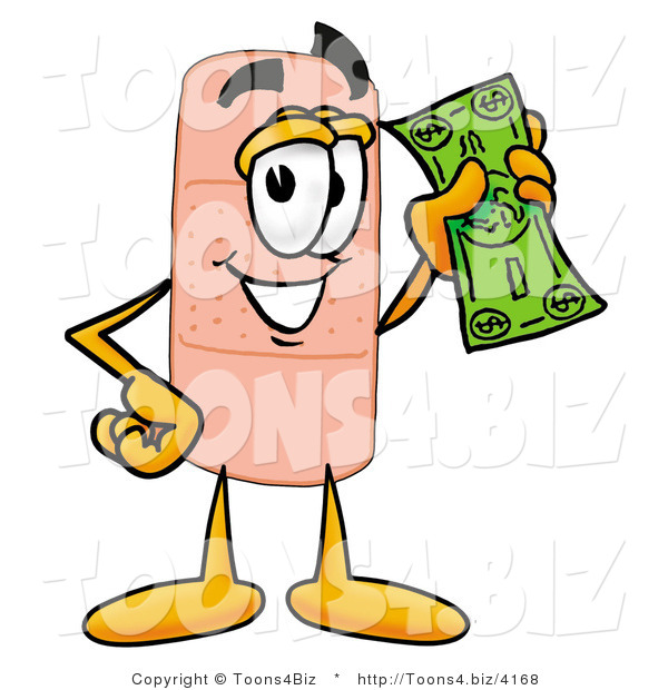 Illustration of an Adhesive Bandage Mascot Holding a Dollar Bill