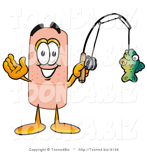 Illustration of an Adhesive Bandage Mascot Holding a Fish on a Fishing Pole