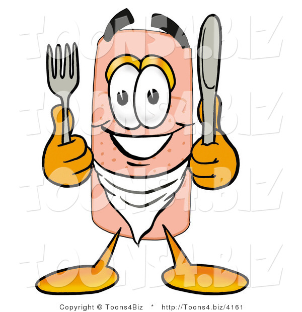 Illustration of an Adhesive Bandage Mascot Holding a Knife and Fork
