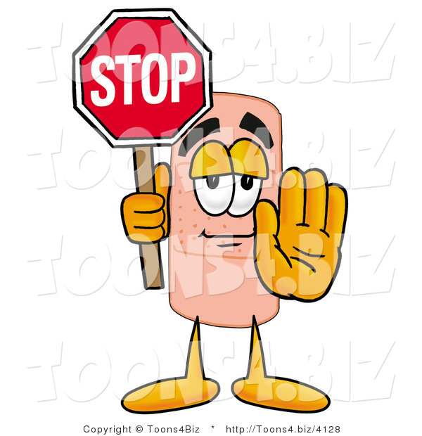 Illustration of an Adhesive Bandage Mascot Holding a Stop Sign