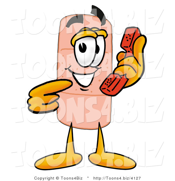 Illustration of an Adhesive Bandage Mascot Holding a Telephone