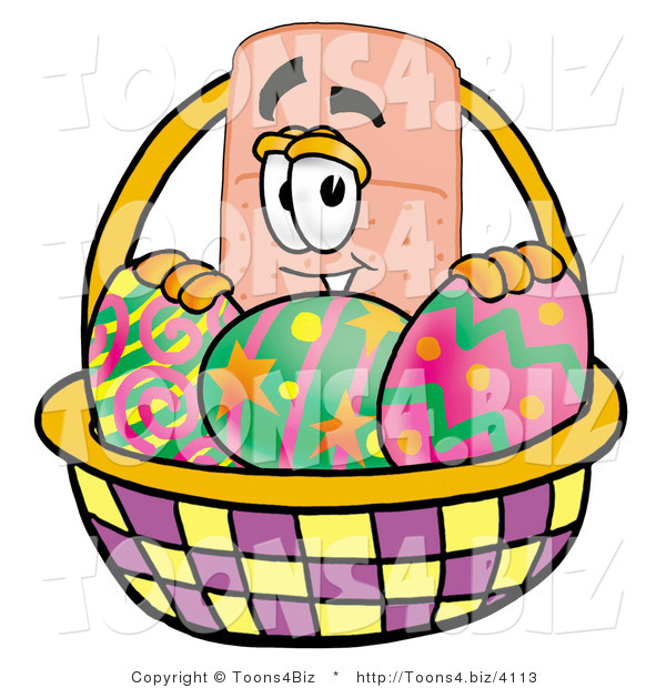 Illustration of an Adhesive Bandage Mascot in an Easter Basket Full of Decorated Easter Eggs