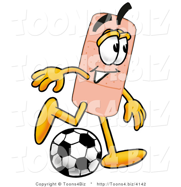 Illustration of an Adhesive Bandage Mascot Kicking a Soccer Ball