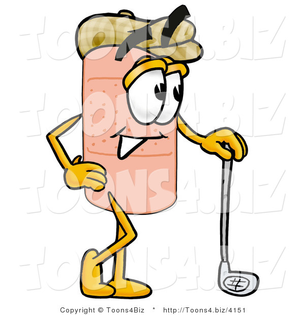 Illustration of an Adhesive Bandage Mascot Leaning on a Golf Club While Golfing