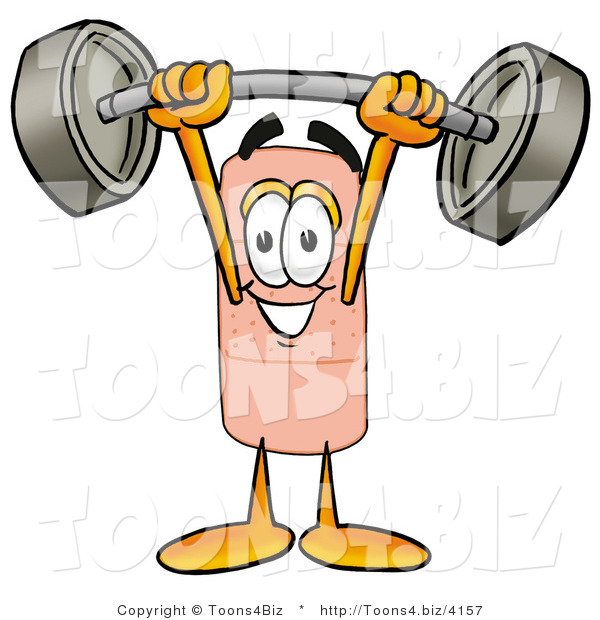 Illustration of an Adhesive Bandage Mascot Lifting a Heavy Barbell