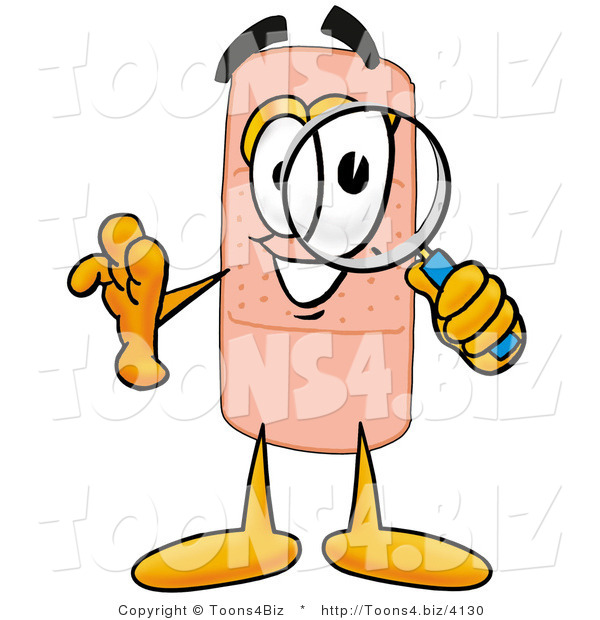 Illustration of an Adhesive Bandage Mascot Looking Through a Magnifying Glass