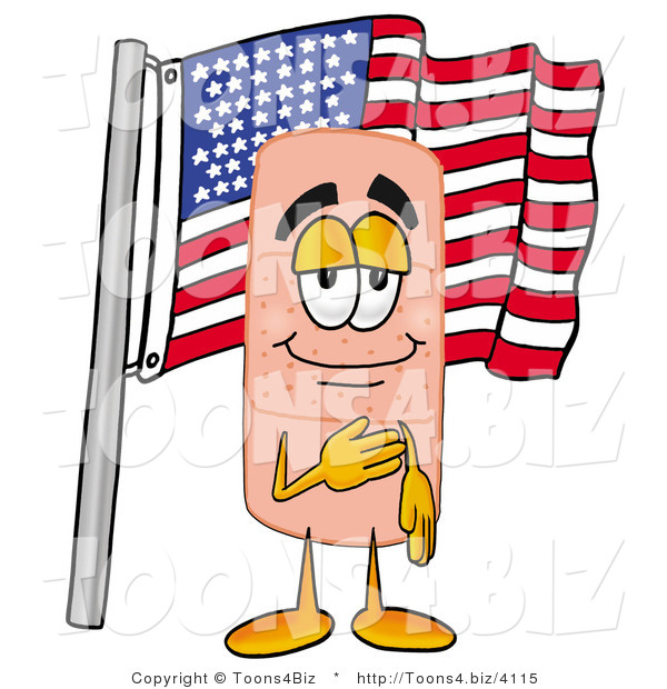 Illustration of an Adhesive Bandage Mascot Pledging Allegiance to an American Flag