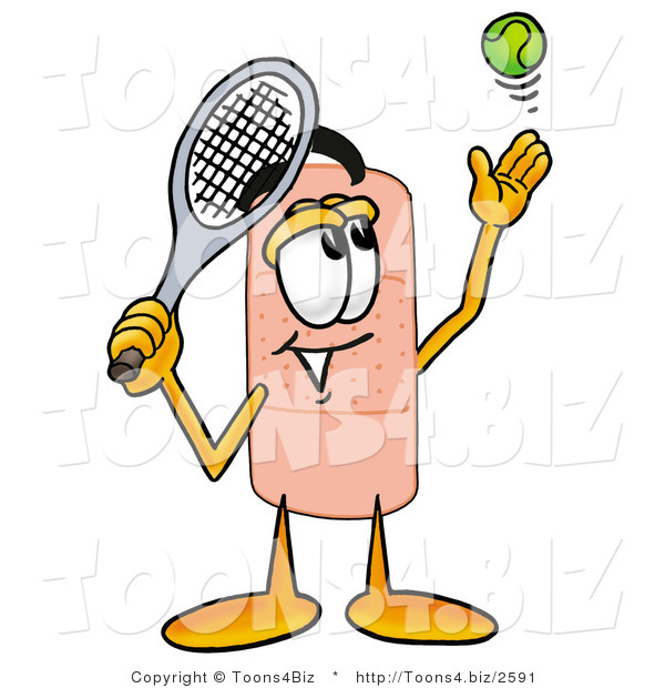 Illustration of an Adhesive Bandage Mascot Preparing to Hit a Tennis Ball