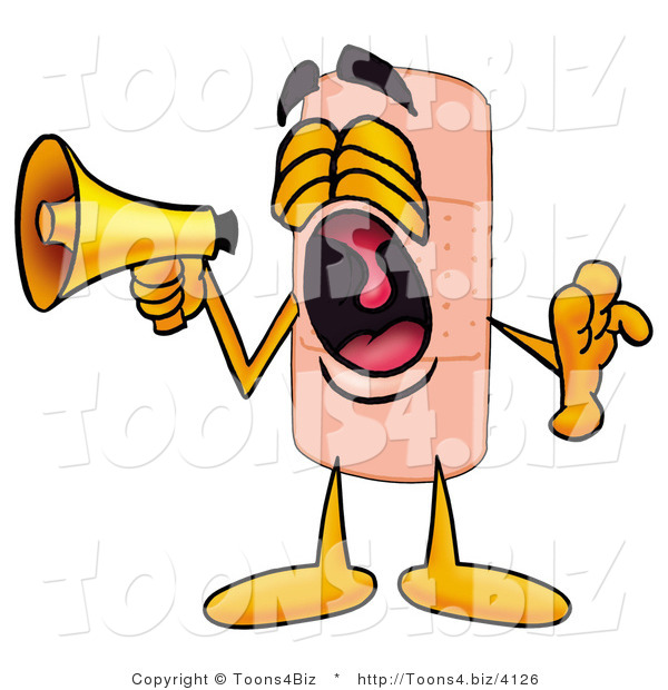 Illustration of an Adhesive Bandage Mascot Screaming into a Megaphone