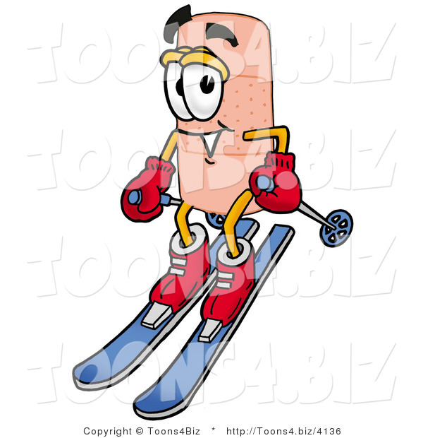 Illustration of an Adhesive Bandage Mascot Skiing Downhill