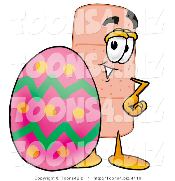 Illustration of an Adhesive Bandage Mascot Standing Beside an Easter Egg