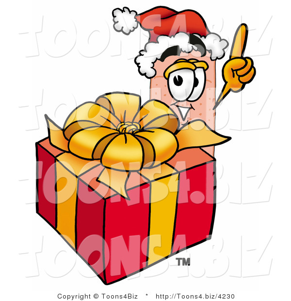 Illustration of an Adhesive Bandage Mascot Standing by a Christmas Present