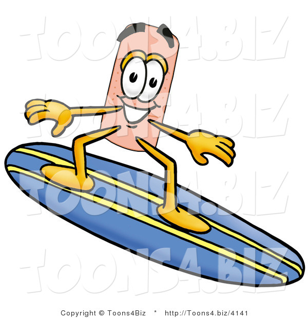 Illustration of an Adhesive Bandage Mascot Surfing on a Blue and Yellow Surfboard